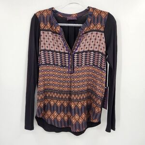 Hale Bob Long Sleeve Printed V Neck Top Womens Size Medium Purple Black NWT